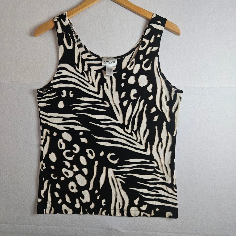 Chicos Travelers Animal Print Tank Top Black Cream Gold Metallic Size 2 L
